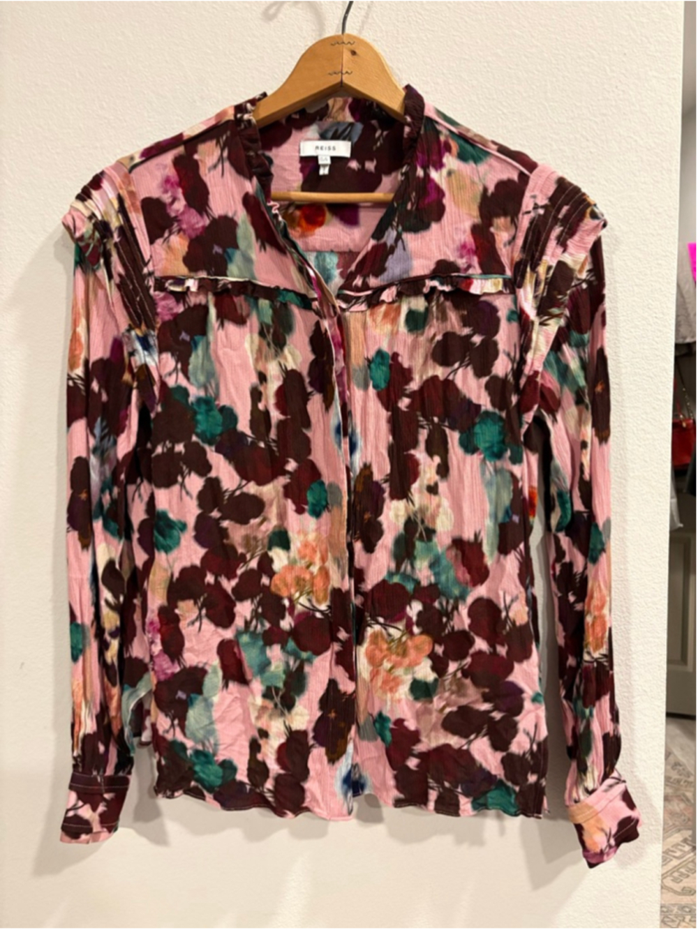 REISS Phoenix Pink Floral Ruffle Yoke Blouse Top Small
